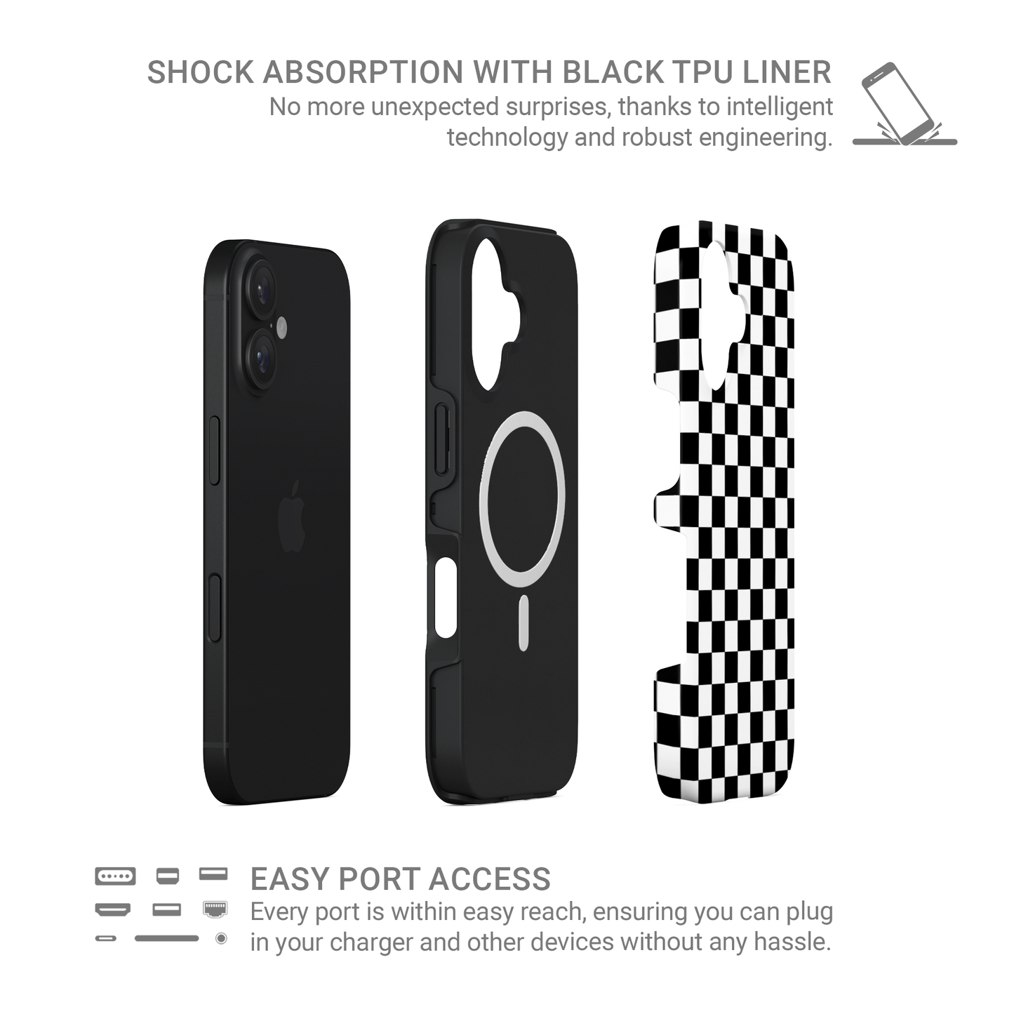 Black-and-white checkered MagSafe tough phone case – Mono Grid design from the Checkmate Collection, dual-layer magnetic protective case for iPhone.