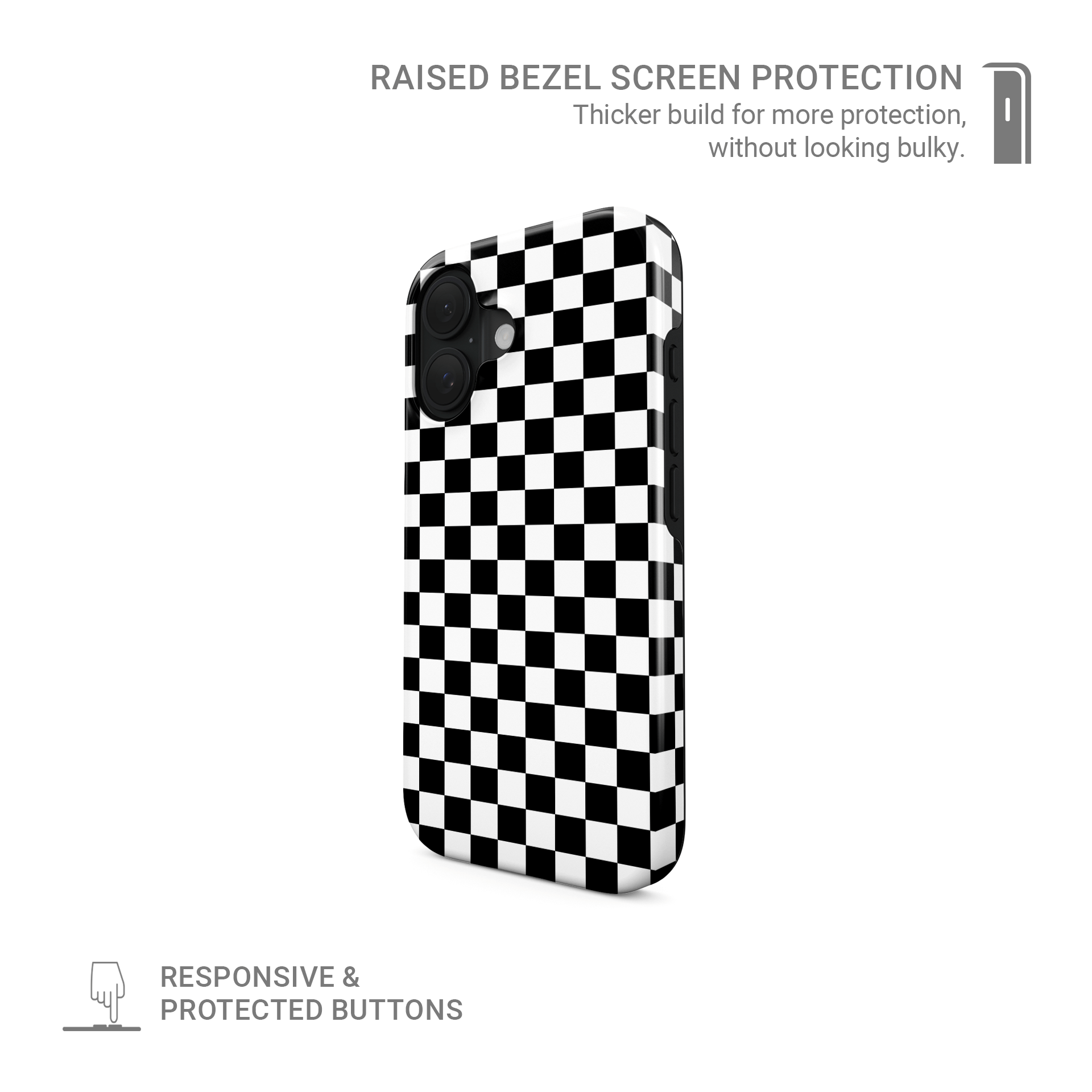 Black-and-white checkered MagSafe tough phone case – Mono Grid design from the Checkmate Collection, dual-layer magnetic protective case for iPhone.