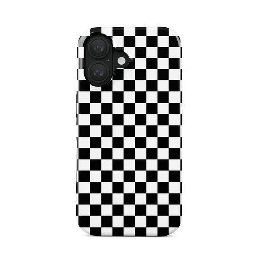 Black-and-white checkered MagSafe tough phone case – Mono Grid design from the Checkmate Collection, dual-layer magnetic protective case for iPhone.