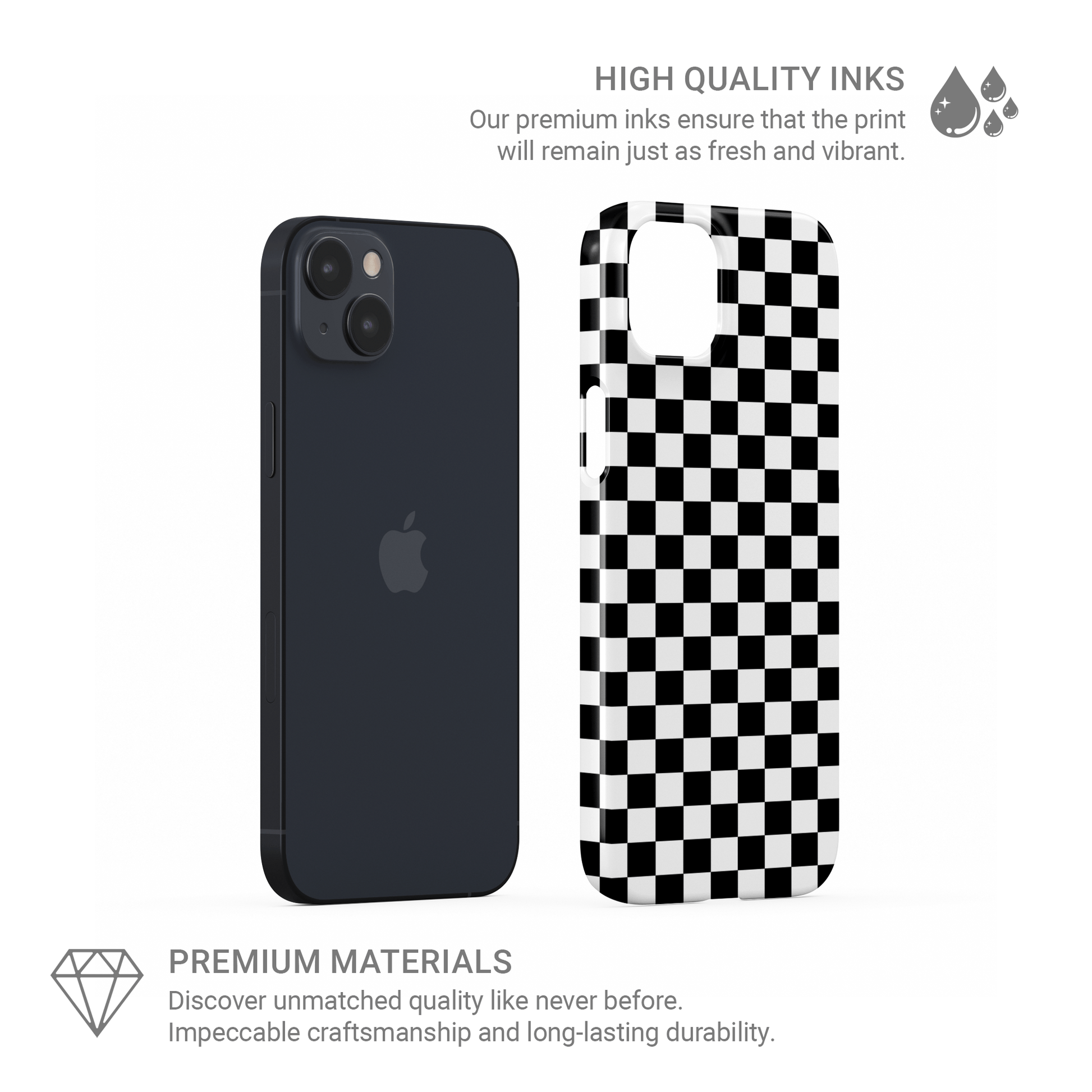 Black and white checkered snap phone case – Mono Grid design from the Checkmate Collection, trendy minimal phone case for iPhone, Samsung and Google Pixel