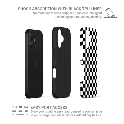 Black-and-white checkered tough phone case – Mono Grid design from the Checkmate Collection, dual-layer protective case for iPhone, Samsung and Pixel