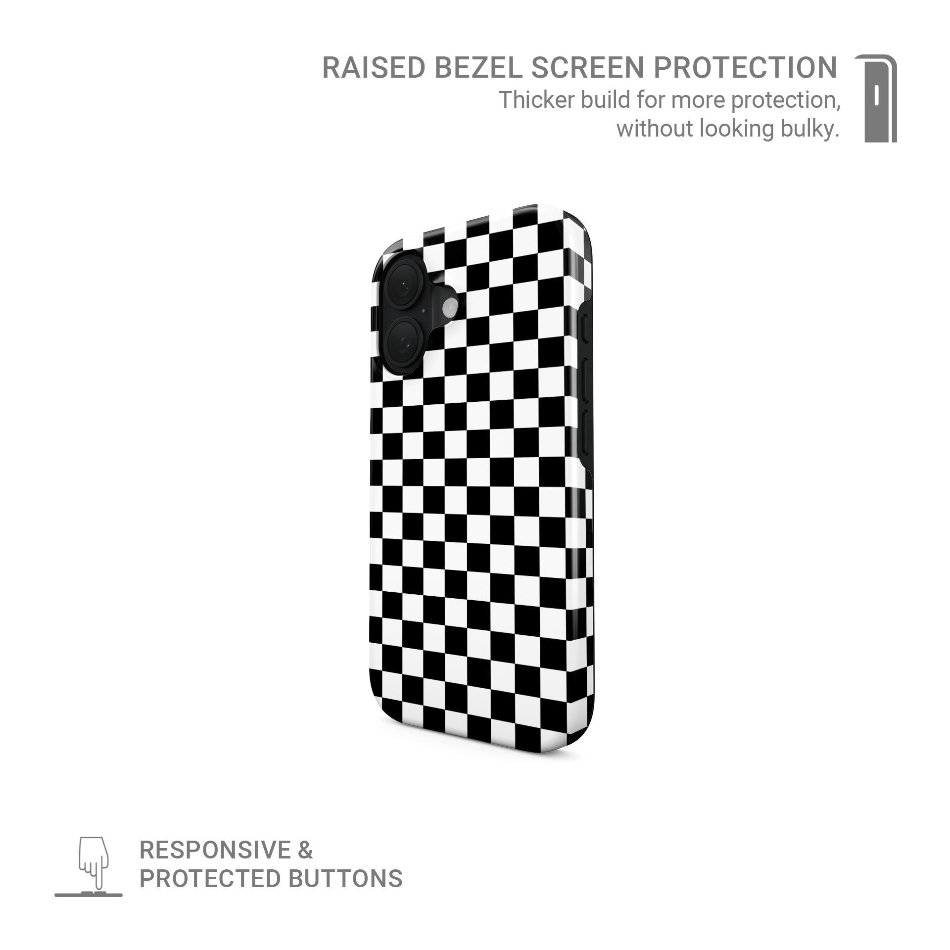 Black-and-white checkered tough phone case – Mono Grid design from the Checkmate Collection, dual-layer protective case for iPhone, Samsung and Pixel