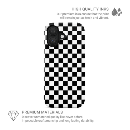 Black-and-white checkered tough phone case – Mono Grid design from the Checkmate Collection, dual-layer protective case for iPhone, Samsung and Pixel