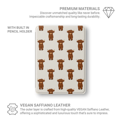 Premium vegan leather iPad cover with Highland calf design and Apple Pencil slot