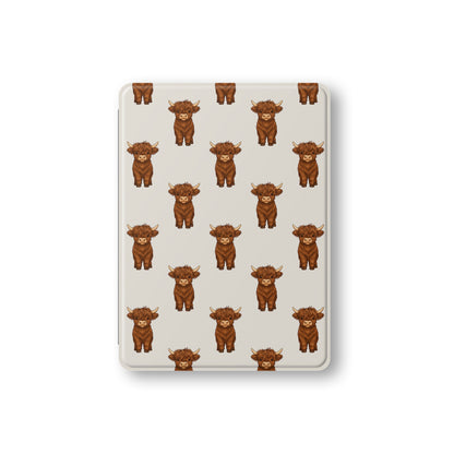 Premium vegan leather iPad cover with Highland calf design and Apple Pencil slot
