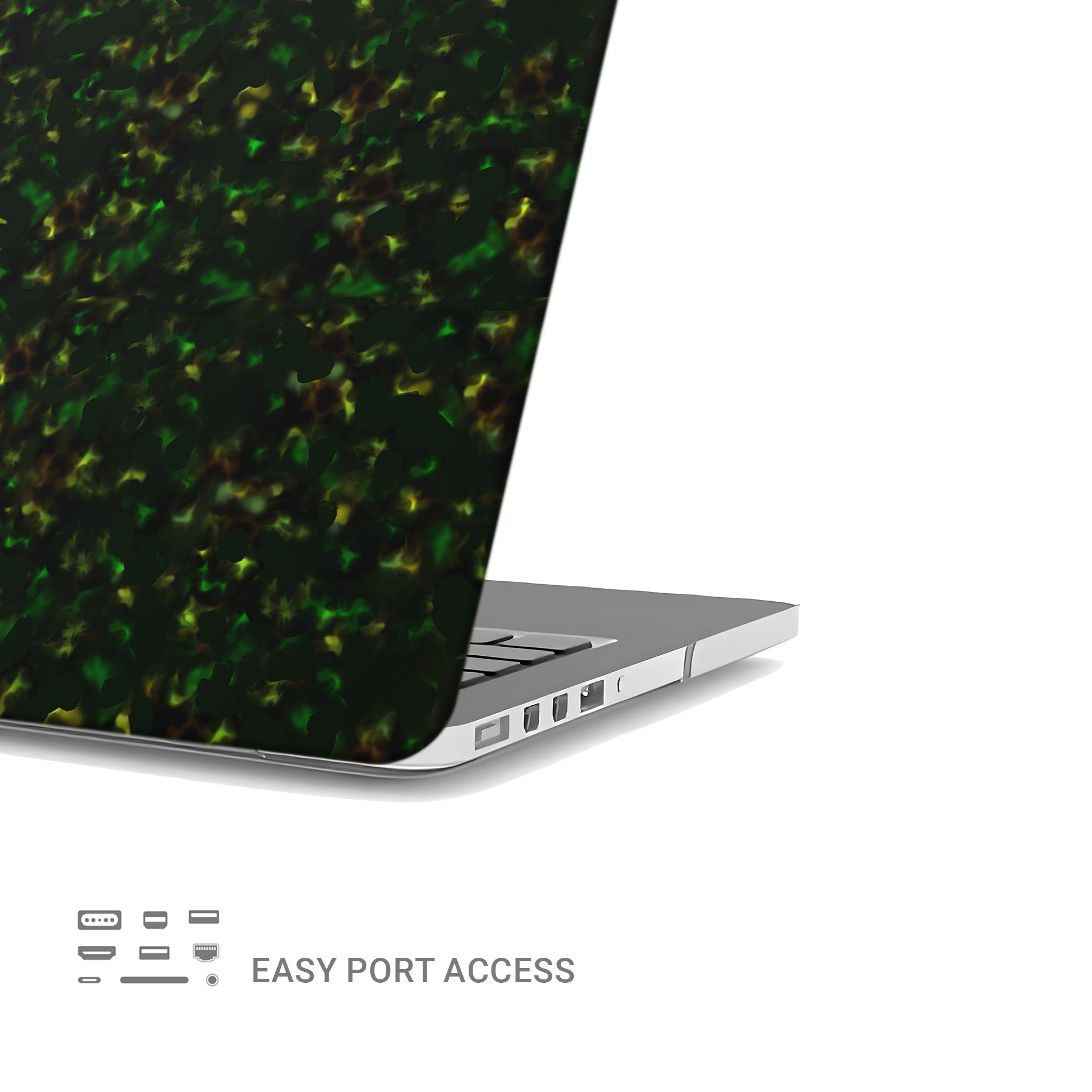 Obsidian Moss MacBook Case in matte green and gold marble design – slim protective laptop cover from Case & Charm.