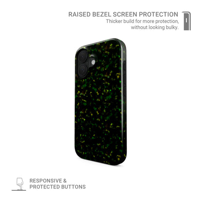 Obsidian Moss MagSafe tough phone case with green marble tortoise shell design, dual layer build, and magnetic charging compatibility.