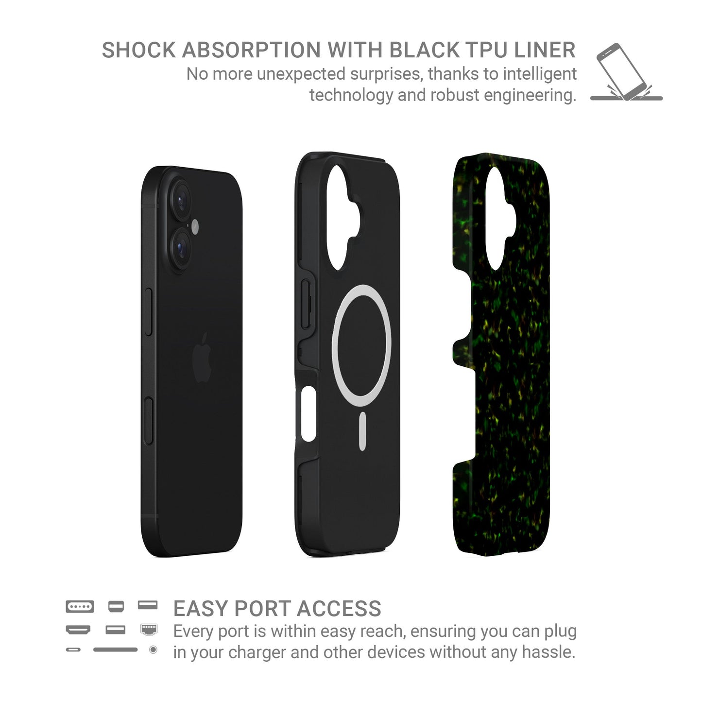 Obsidian Moss MagSafe tough phone case with green marble tortoise shell design, dual layer build, and magnetic charging compatibility.