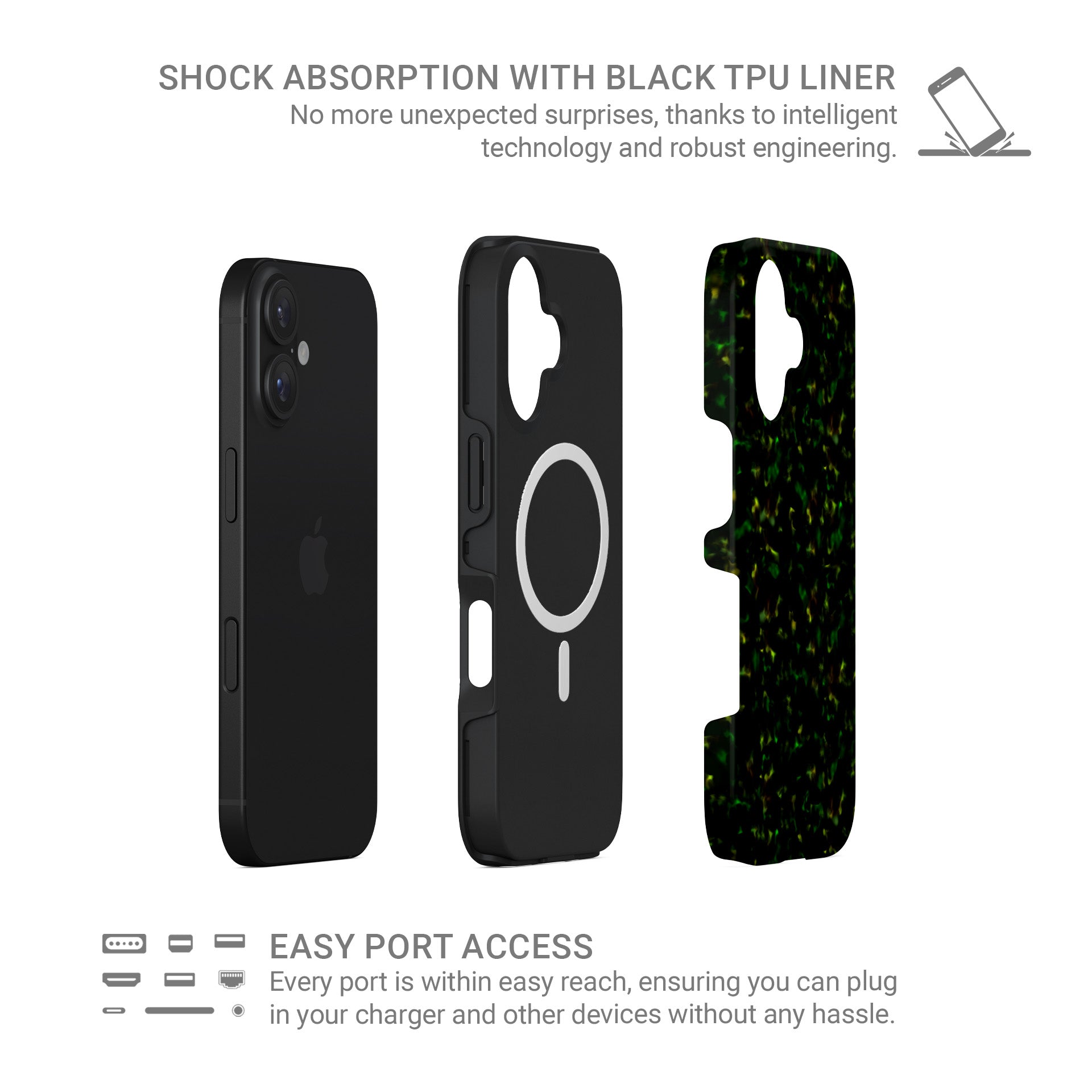 Obsidian Moss MagSafe tough phone case with green marble tortoise shell design, dual layer build, and magnetic charging compatibility.