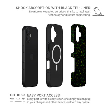 Obsidian Moss MagSafe tough phone case with green marble tortoise shell design, dual layer build, and magnetic charging compatibility.