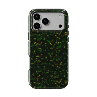 Obsidian Moss MagSafe tough phone case with green marble tortoise shell design, dual layer build, and magnetic charging compatibility.