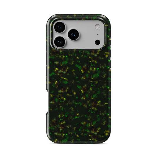 Obsidian Moss MagSafe tough phone case with green marble tortoise shell design, dual layer build, and magnetic charging compatibility.