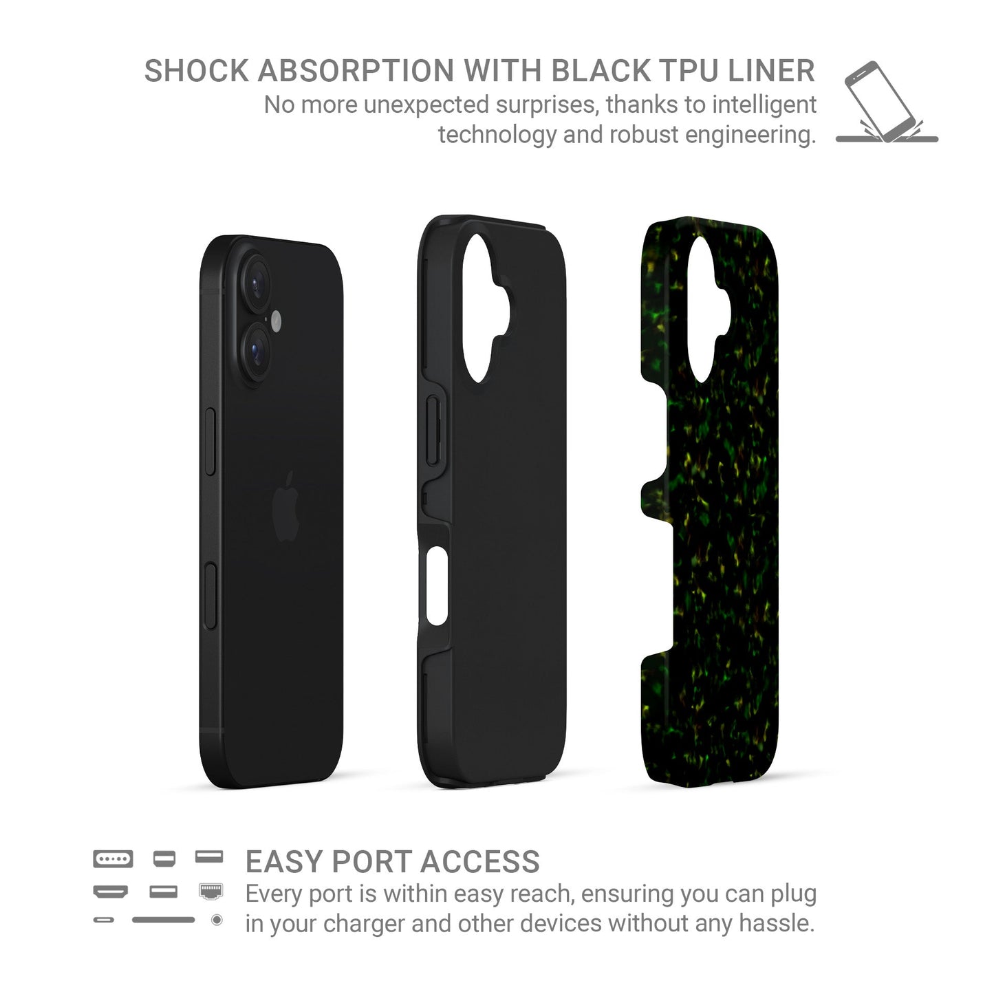 Obsidian Moss tough phone case with green marble tortoise shell design, glossy finish, and dual-layer construction for everyday protection.