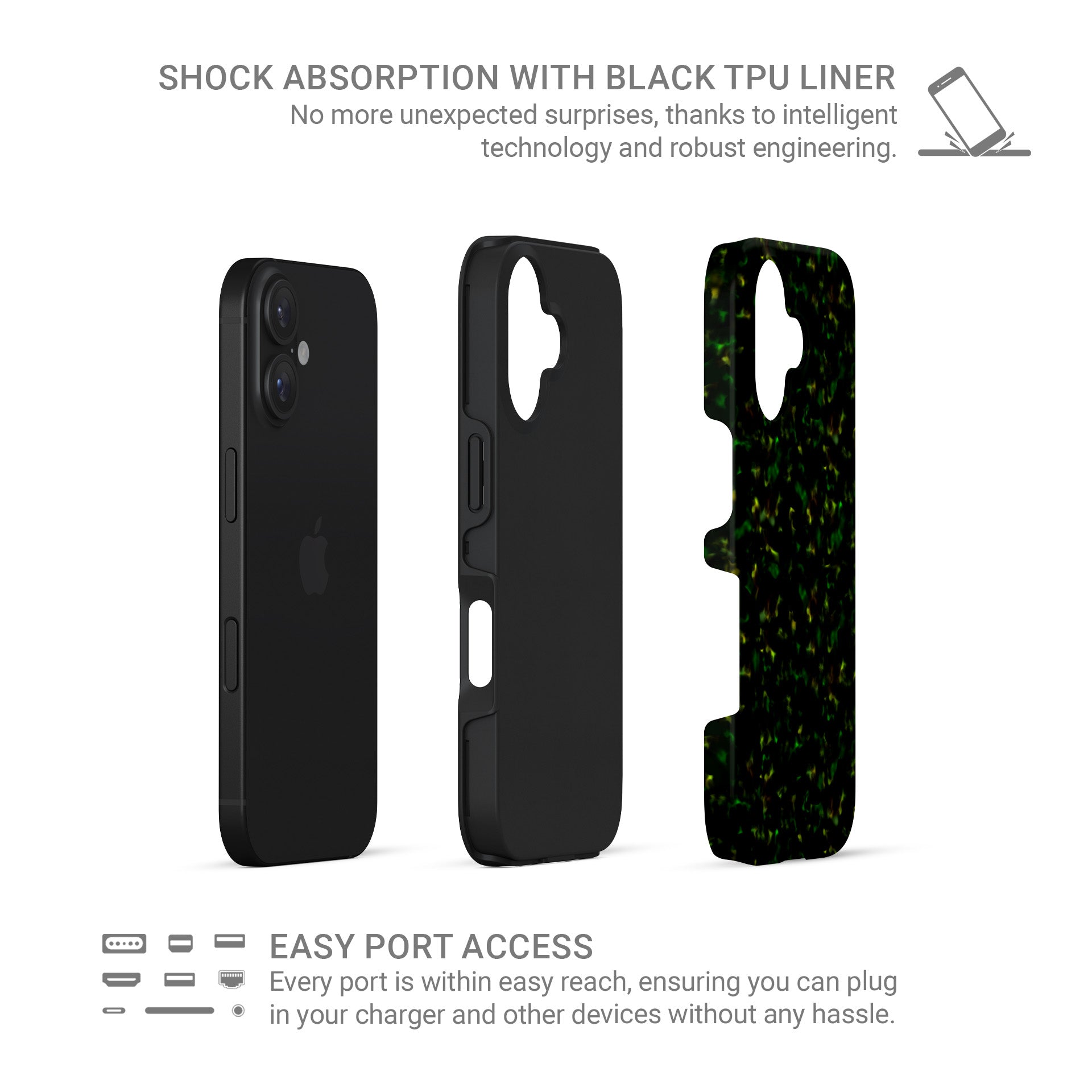 Obsidian Moss tough phone case with green marble tortoise shell design, glossy finish, and dual-layer construction for everyday protection.