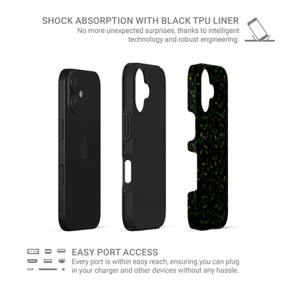 Obsidian Moss tough phone case with green marble tortoise shell design, glossy finish, and dual-layer construction for everyday protection.