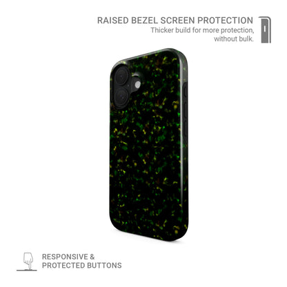 Obsidian Moss tough phone case with green marble tortoise shell design, glossy finish, and dual-layer construction for everyday protection.