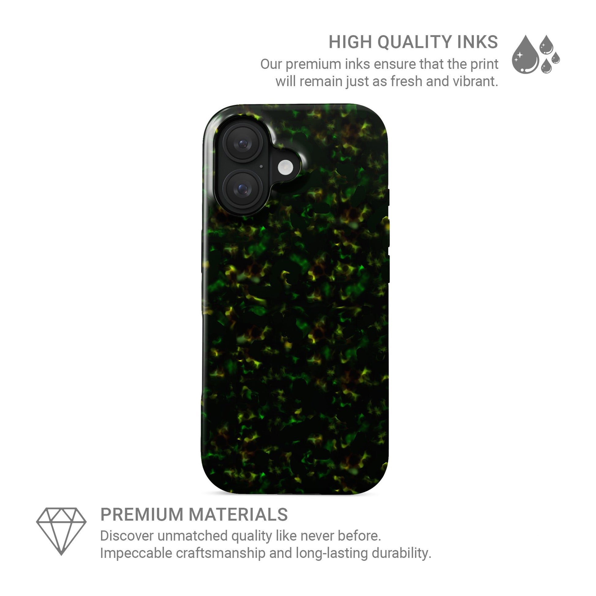 Obsidian Moss tough phone case with green marble tortoise shell design, glossy finish, and dual-layer construction for everyday protection.