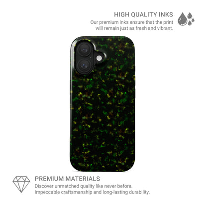 Obsidian Moss tough phone case with green marble tortoise shell design, glossy finish, and dual-layer construction for everyday protection.