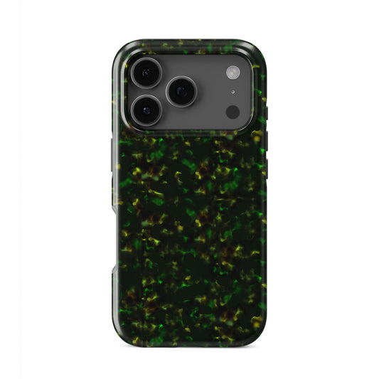 Obsidian Moss tough phone case with green marble tortoise shell design, glossy finish, and dual-layer construction for everyday protection.