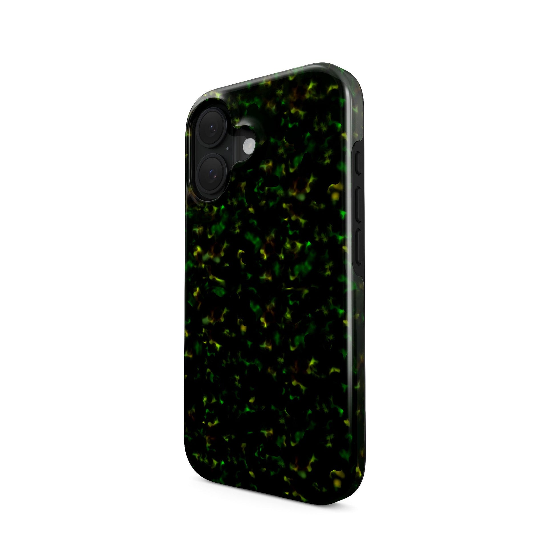 Obsidian Moss tough phone case with green marble tortoise shell design, glossy finish, and dual-layer construction for everyday protection.