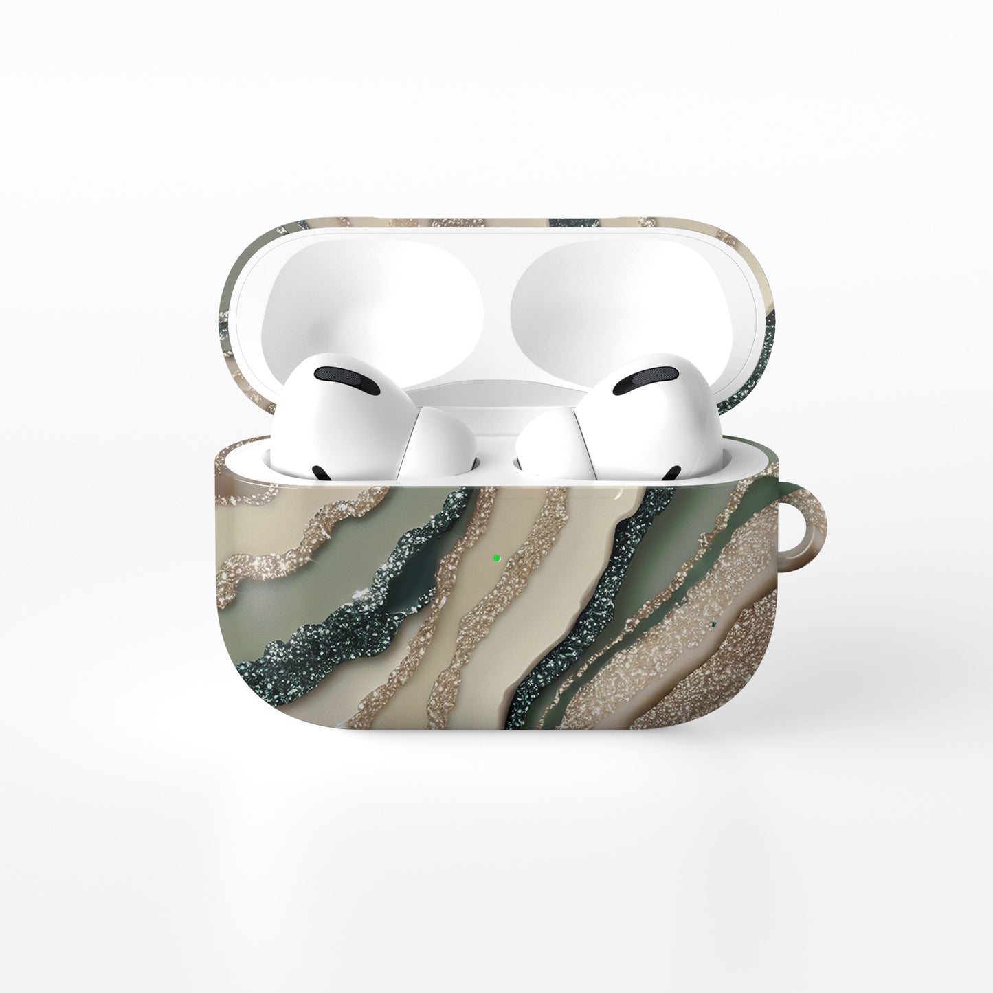 green marble agate style airpods case with gold glitter effect aesthetic design
