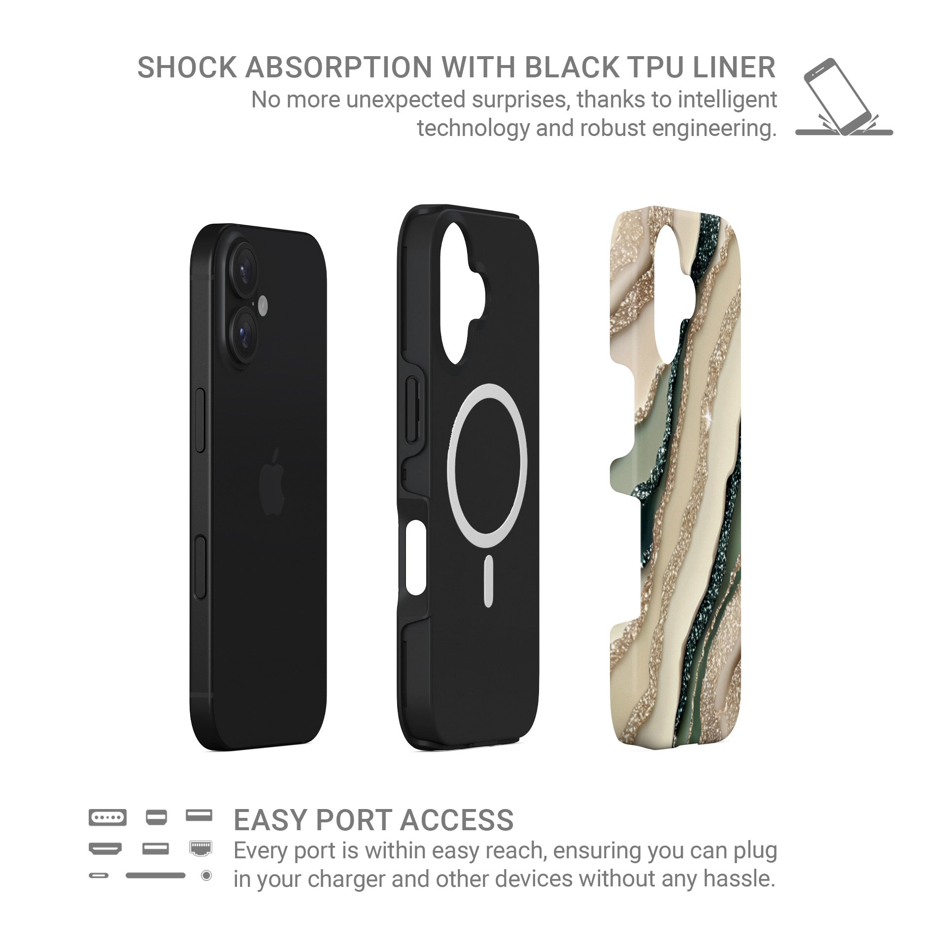 green and gold marble phone case with sparkle effect aesthetic magsafe tough iphone case