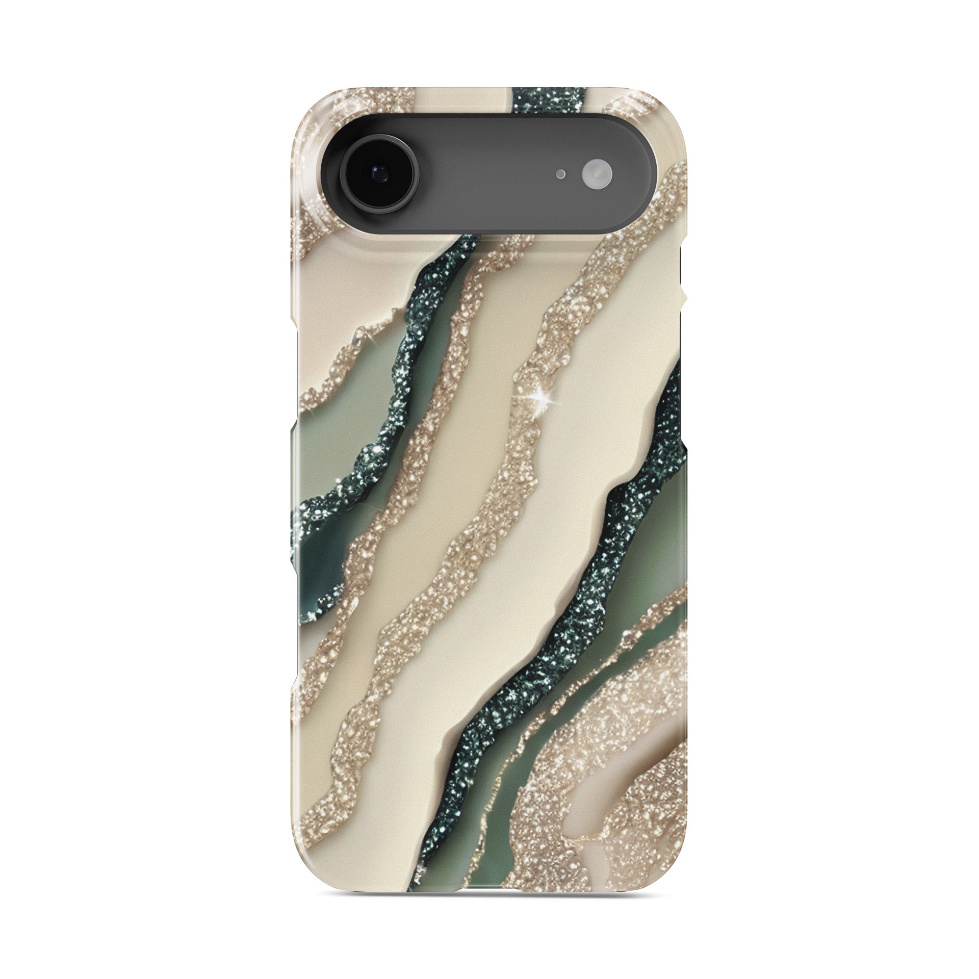sage green marble style protective phone case with gold style sparkle pattern, neutral aesthetic slim snap case for iPhone