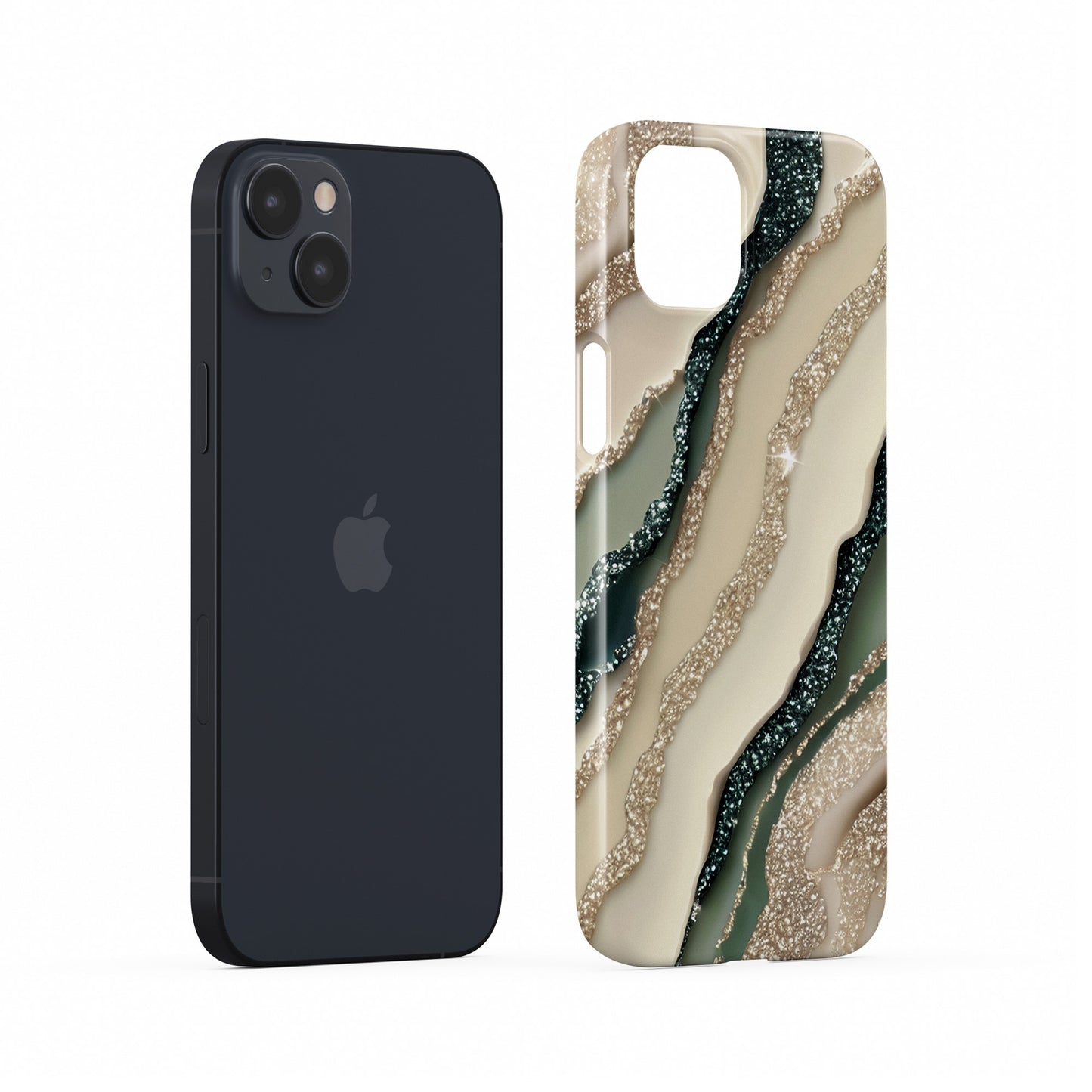 sage green marble style protective phone case with gold style sparkle pattern, neutral aesthetic slim snap case for iPhone