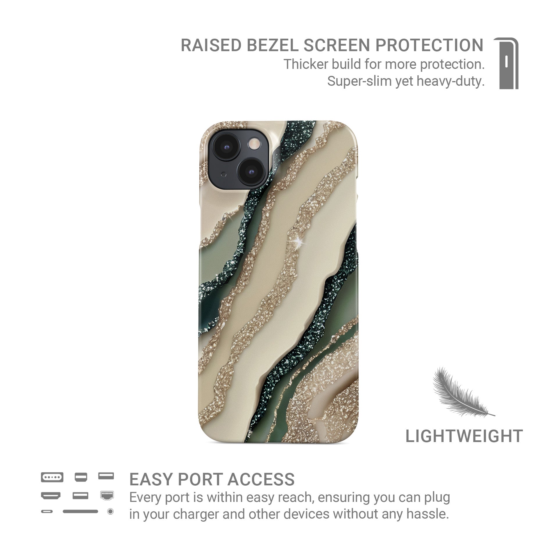 sage green marble style protective phone case with gold style sparkle pattern, neutral aesthetic slim snap case for iPhone