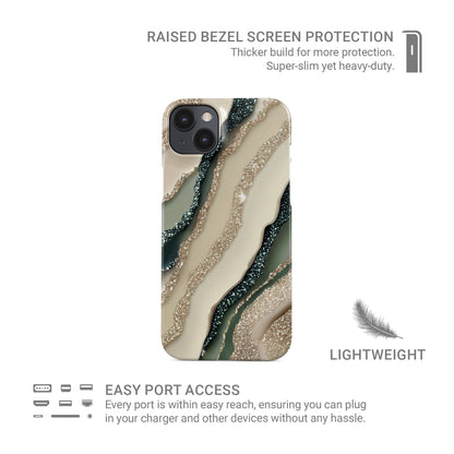 sage green marble style protective phone case with gold style sparkle pattern, neutral aesthetic slim snap case for iPhone