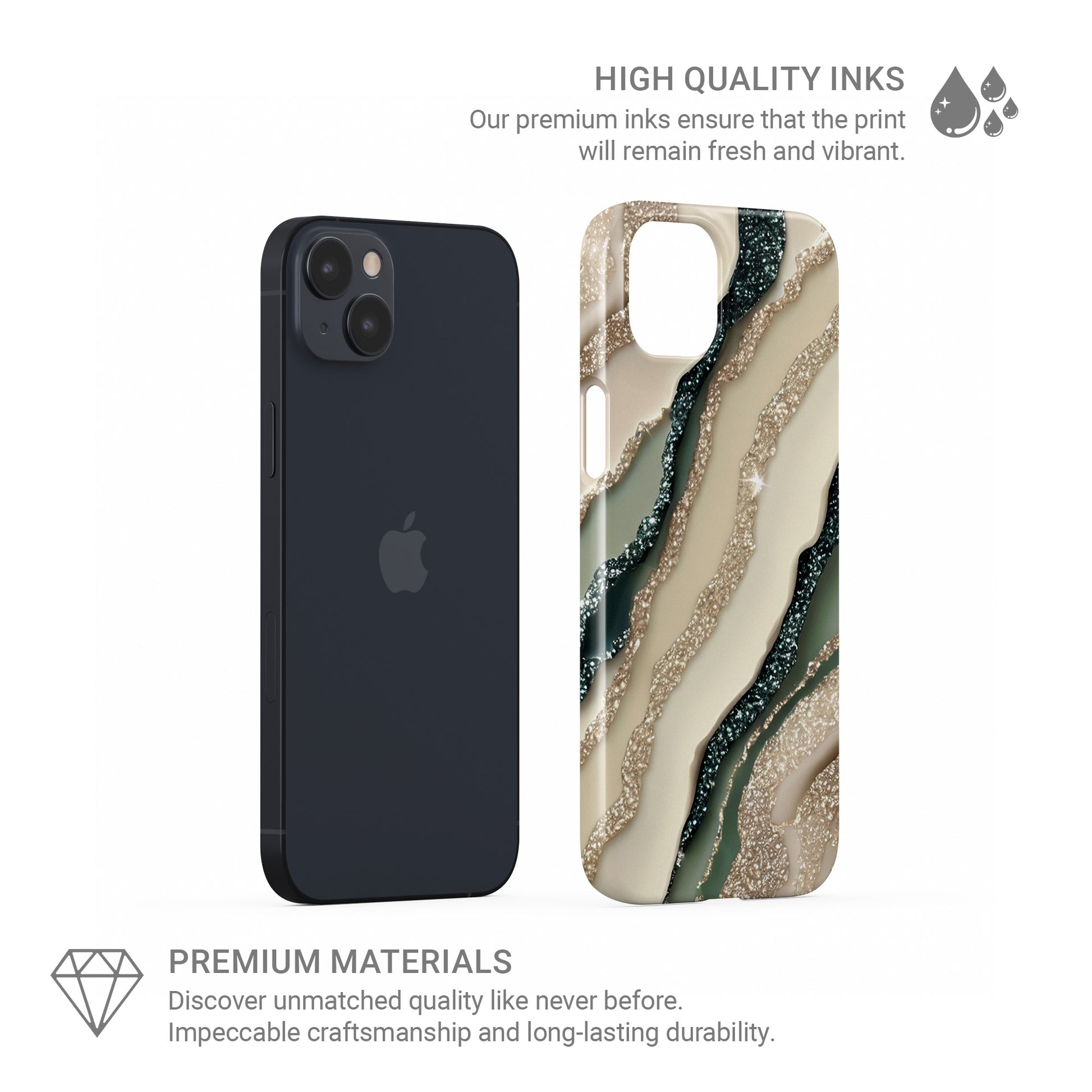 sage green marble style protective phone case with gold style sparkle pattern, neutral aesthetic slim snap case for iPhone