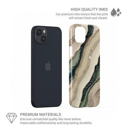 sage green marble style protective phone case with gold style sparkle pattern, neutral aesthetic slim snap case for iPhone