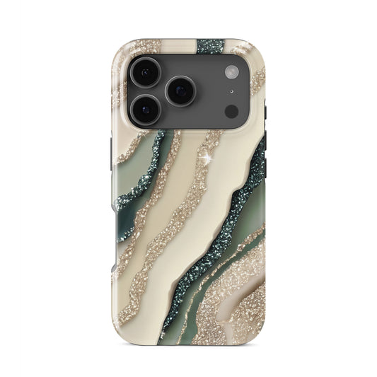 green marble protective phone case with gold style sparkle design, neutral aesthetic tough case for iPhone Samsung and Google phones
