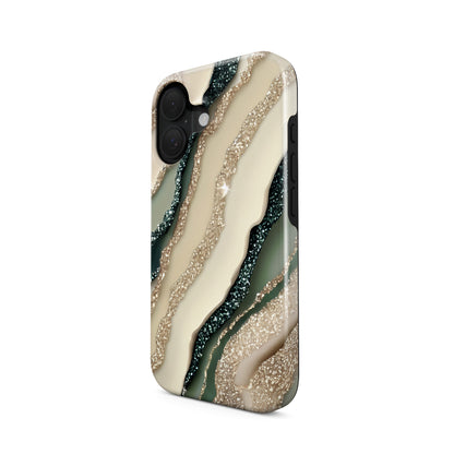 green marble protective phone case with gold style sparkle design, neutral aesthetic tough case for iPhone Samsung and Google phones
