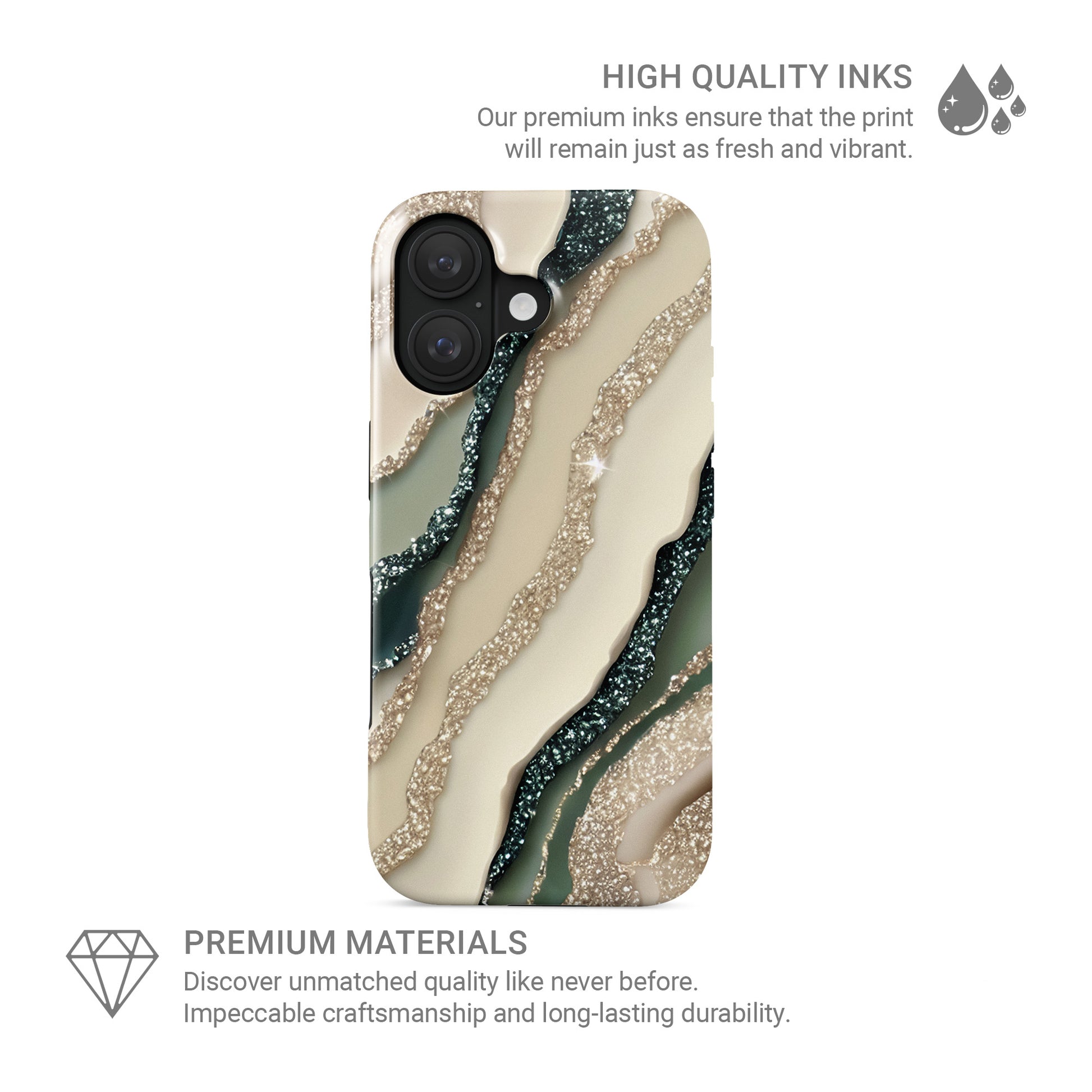 green marble protective phone case with gold style sparkle design, neutral aesthetic tough case for iPhone Samsung and Google phones