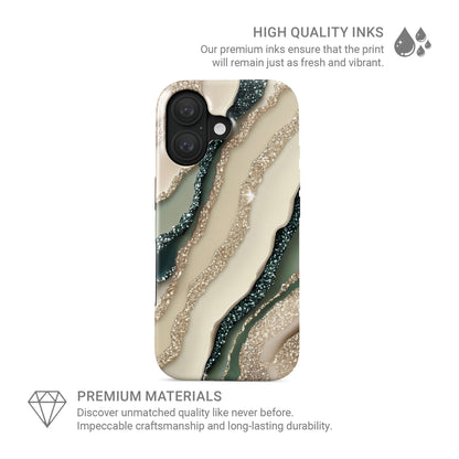 green marble protective phone case with gold style sparkle design, neutral aesthetic tough case for iPhone Samsung and Google phones