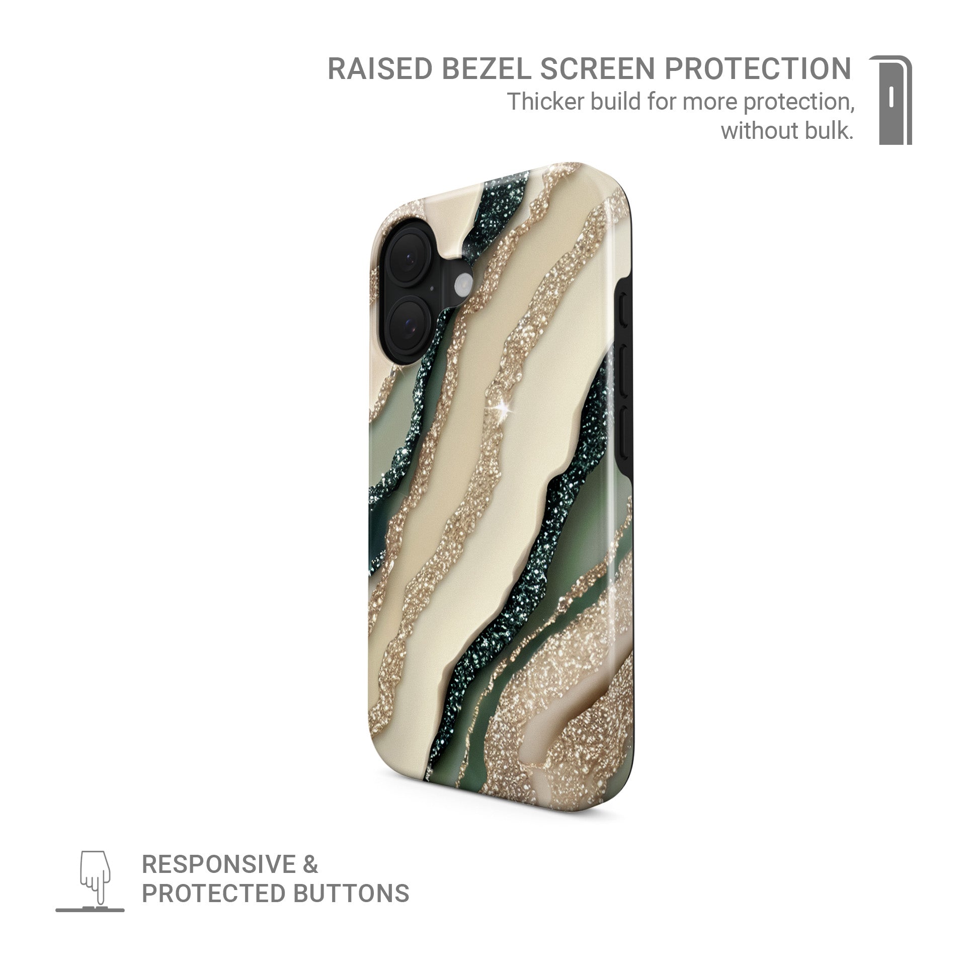 green marble protective phone case with gold style sparkle design, neutral aesthetic tough case for iPhone Samsung and Google phones