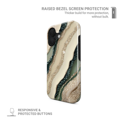 green marble protective phone case with gold style sparkle design, neutral aesthetic tough case for iPhone Samsung and Google phones