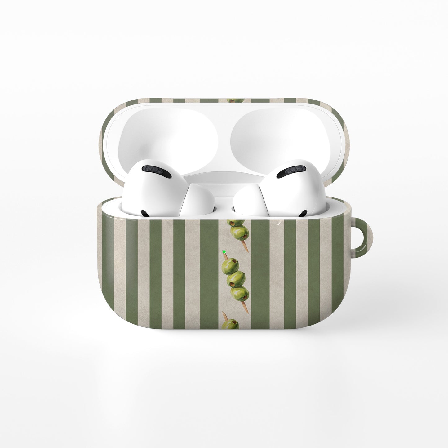 olive stripe airpods case with green stripes and cocktail olive design