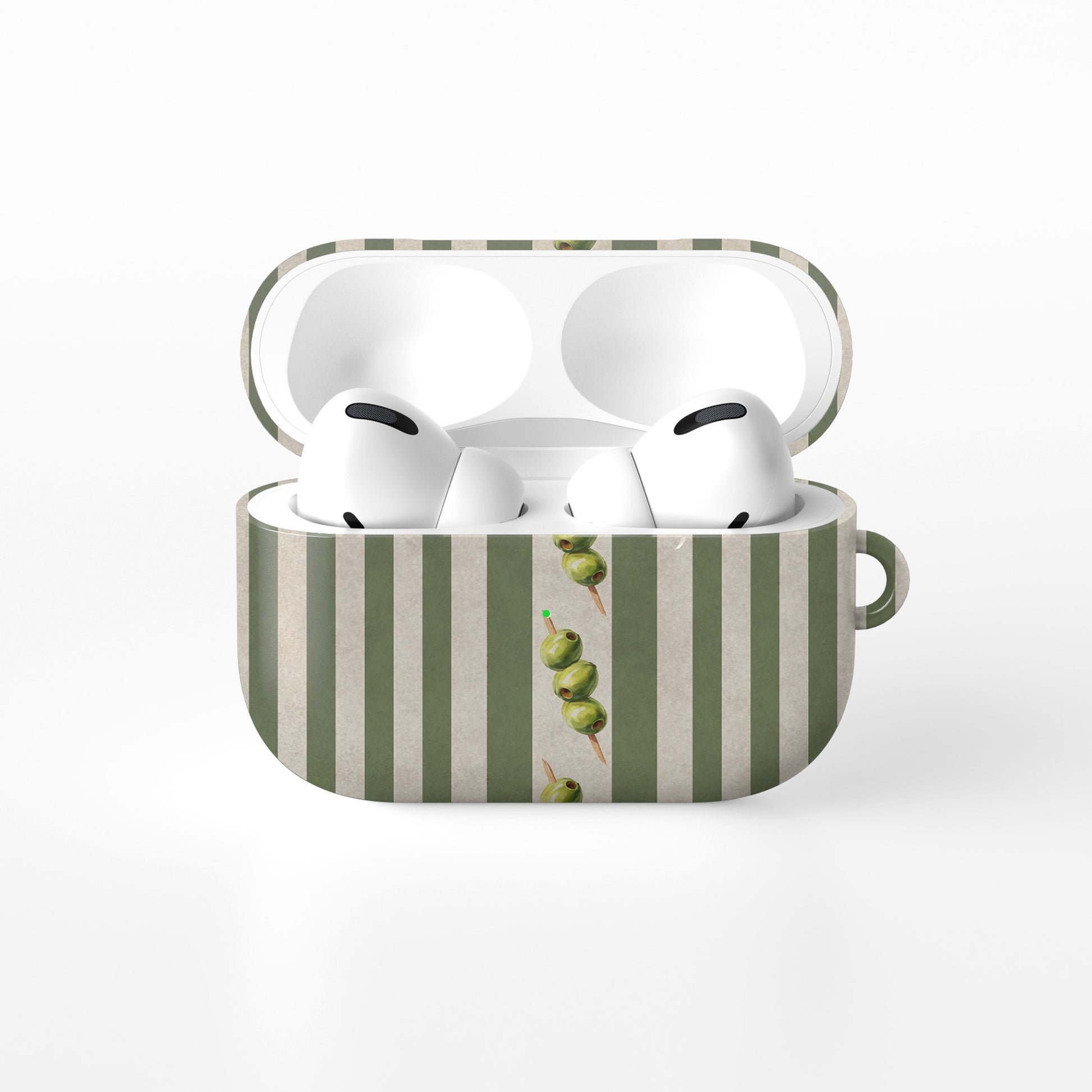 olive stripe airpods case with green stripes and cocktail olive design