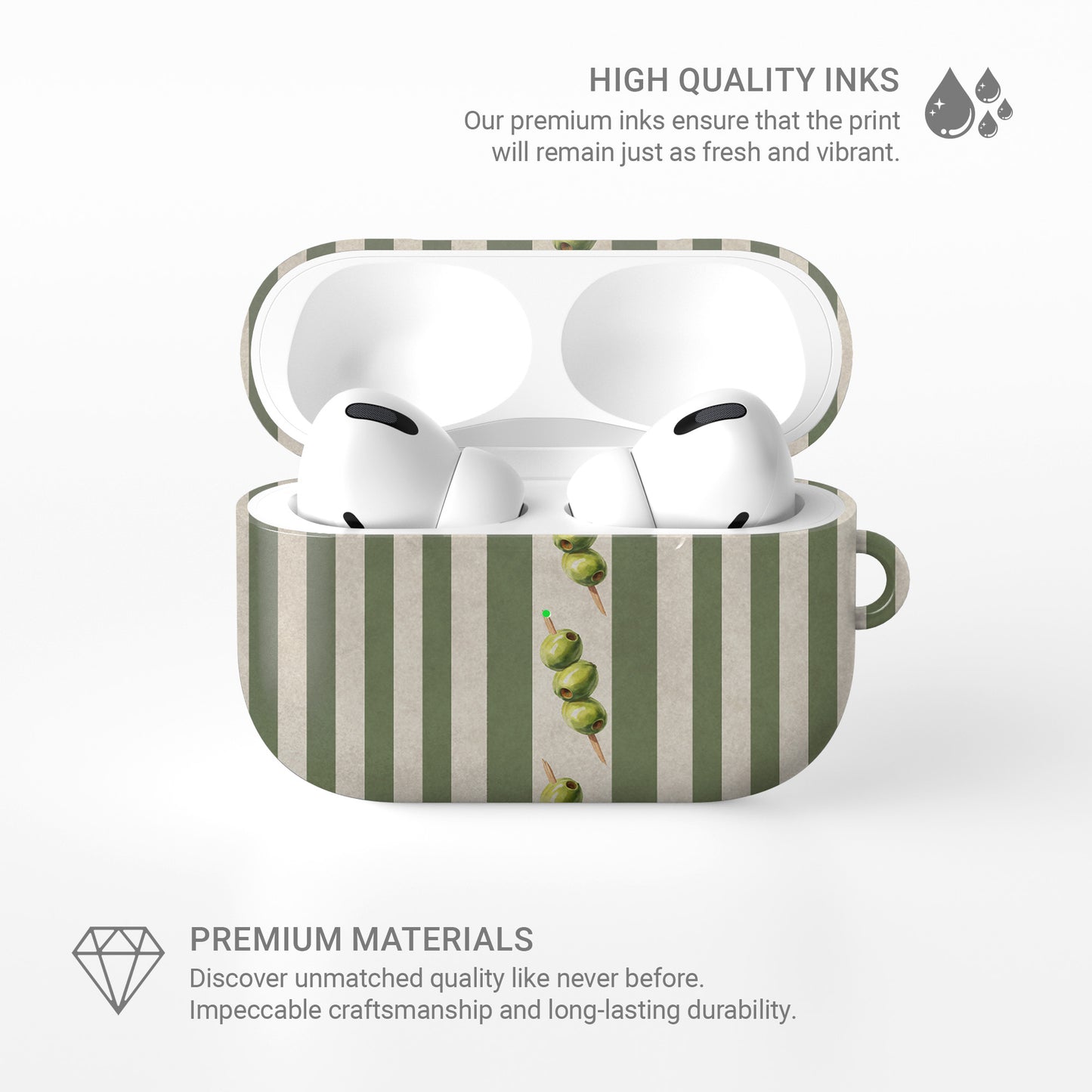 olive stripe airpods case with green stripes and cocktail olive design