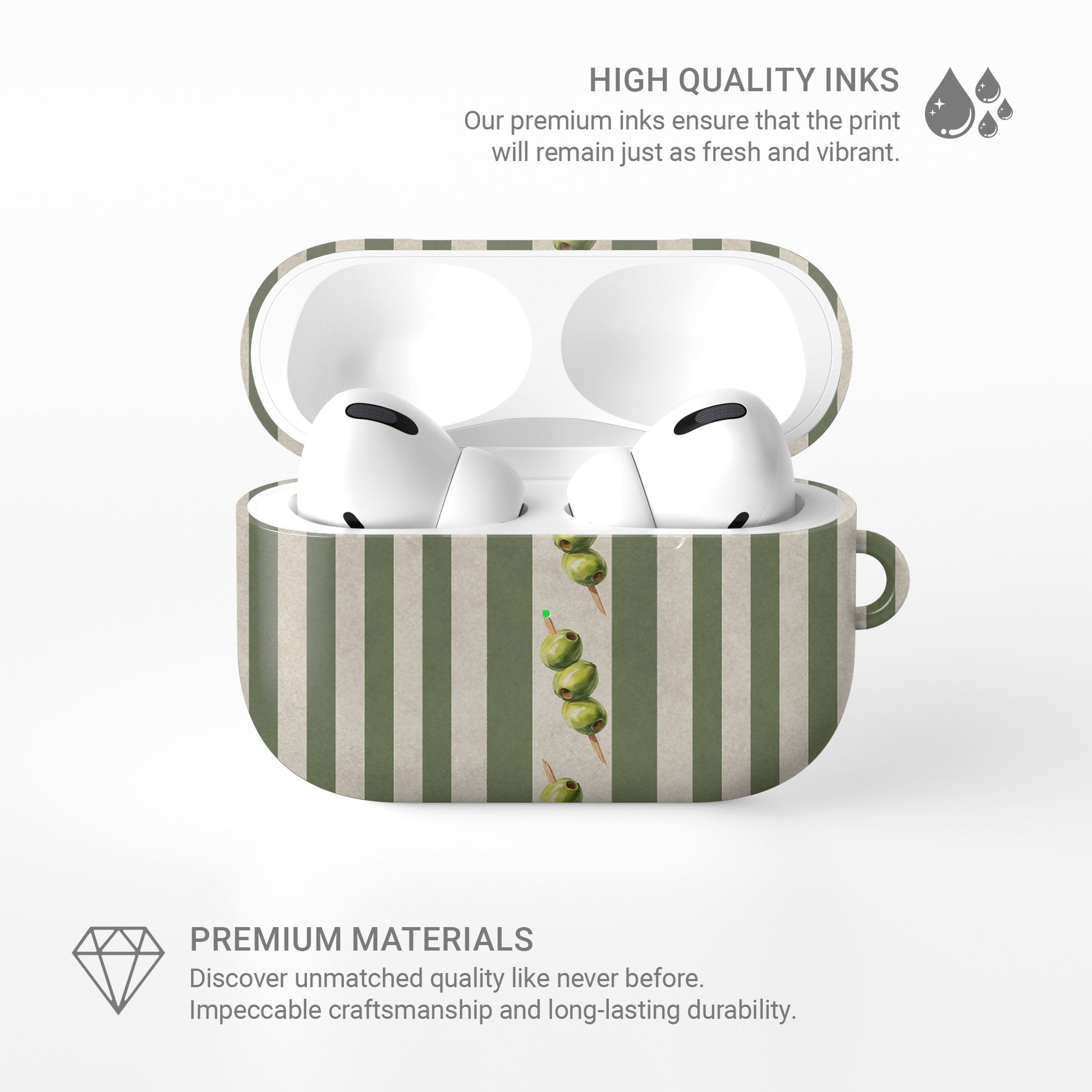 olive stripe airpods case with green stripes and cocktail olive design