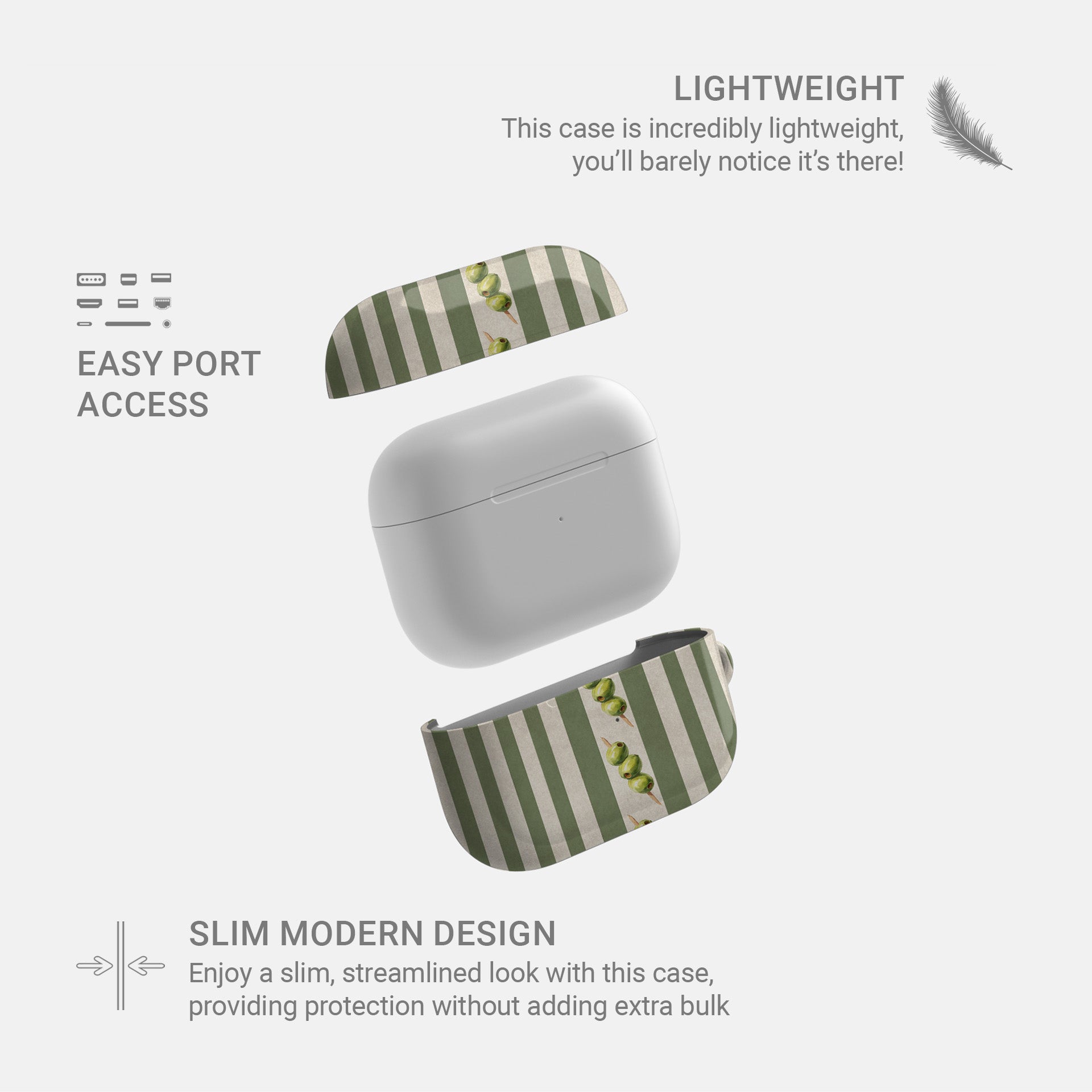 olive stripe airpods case with green stripes and cocktail olive design