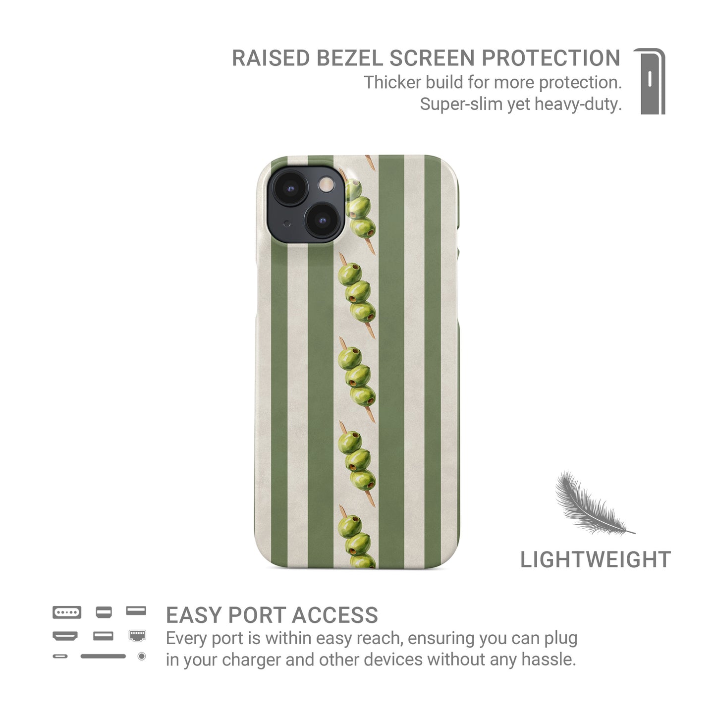 protective green stripe phone case with olives design, olive aesthetic slim snap case for iPhone