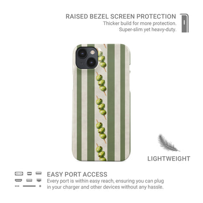 protective green stripe phone case with olives design, olive aesthetic slim snap case for iPhone