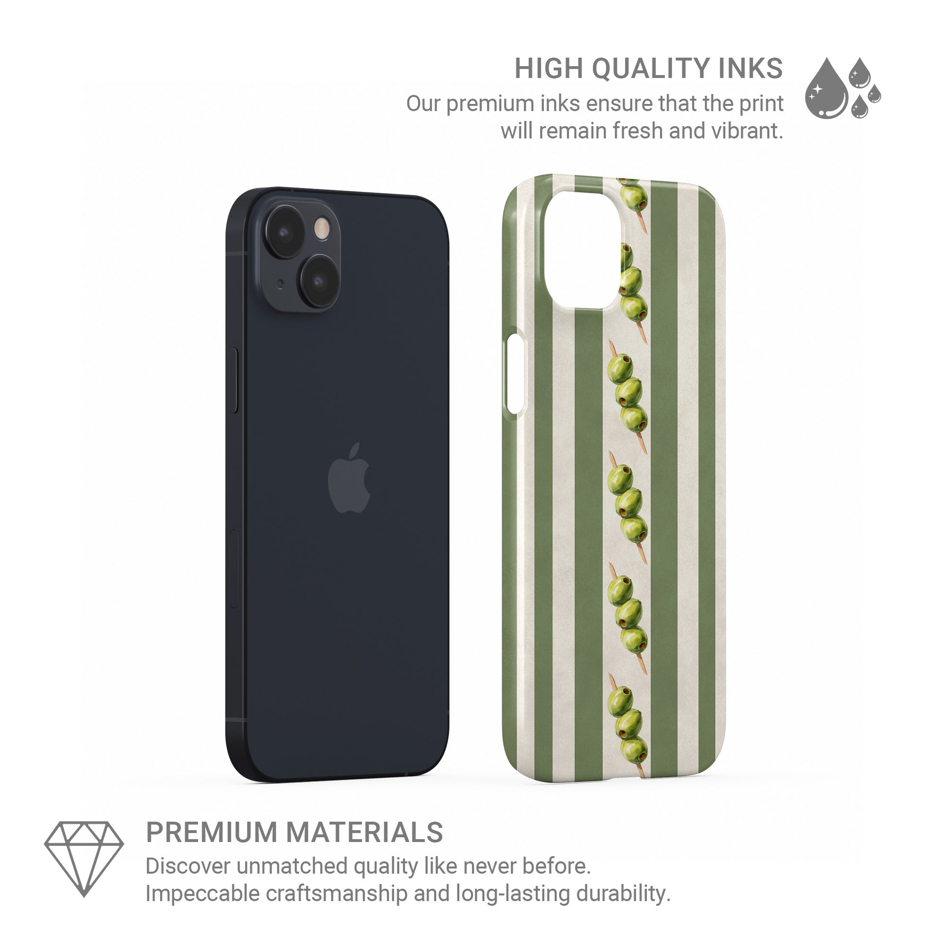 protective green stripe phone case with olives design, olive aesthetic slim snap case for iPhone