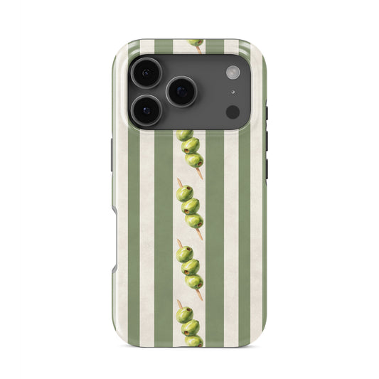 green stripe protective phone case with olive skewer design, olive aesthetic tough case for iPhone Samsung and Google phones