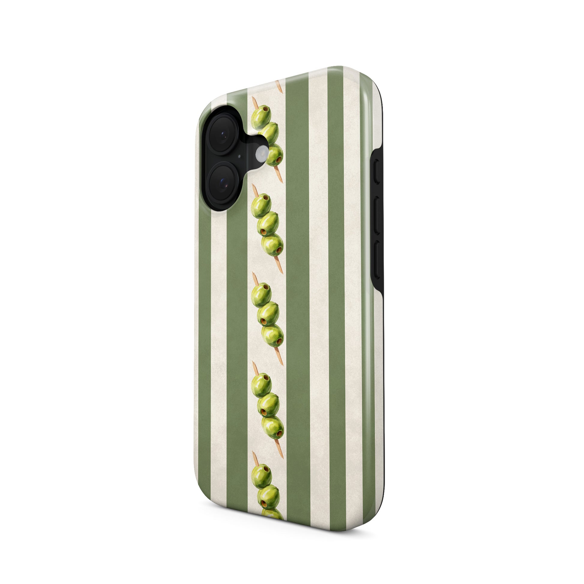 green stripe protective phone case with olive skewer design, olive aesthetic tough case for iPhone Samsung and Google phones