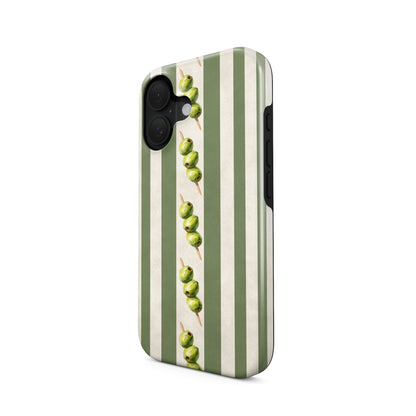 green stripe protective phone case with olive skewer design, olive aesthetic tough case for iPhone Samsung and Google phones