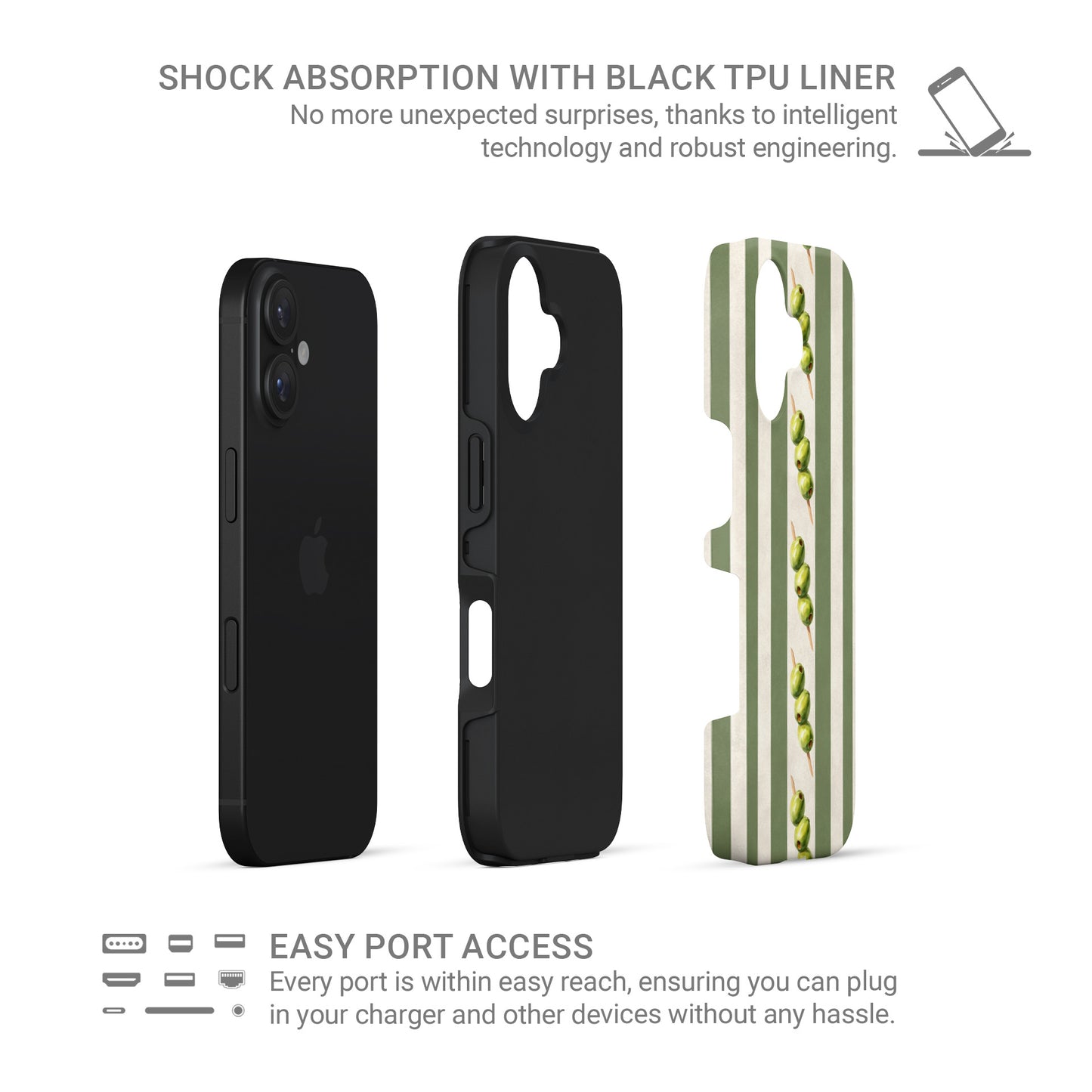 green stripe protective phone case with olive skewer design, olive aesthetic tough case for iPhone Samsung and Google phones